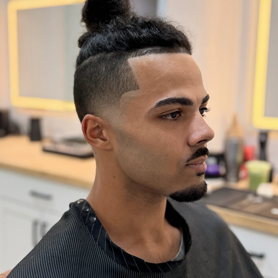 A finished top knot haircut with a clean hairline and shaped beard